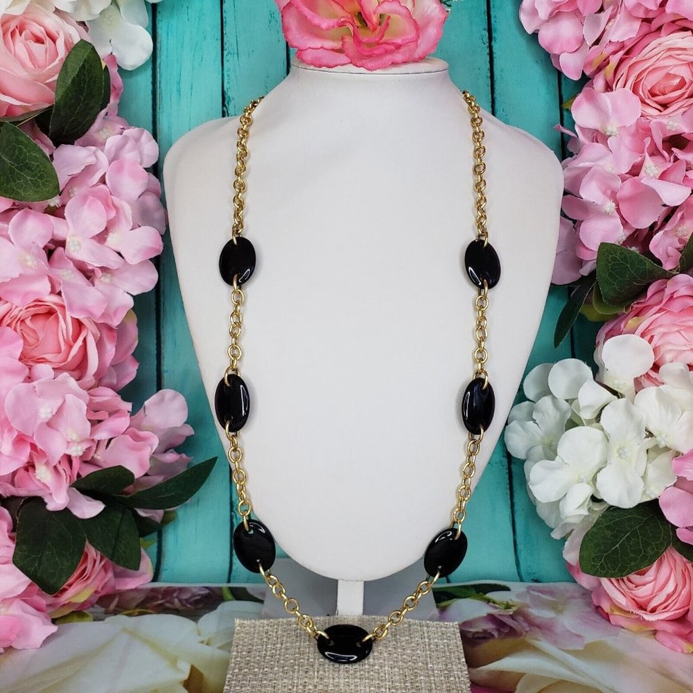 VERONESE Italy Black Stone 925 Vermeil Chain Link Statement Necklace 30" Long